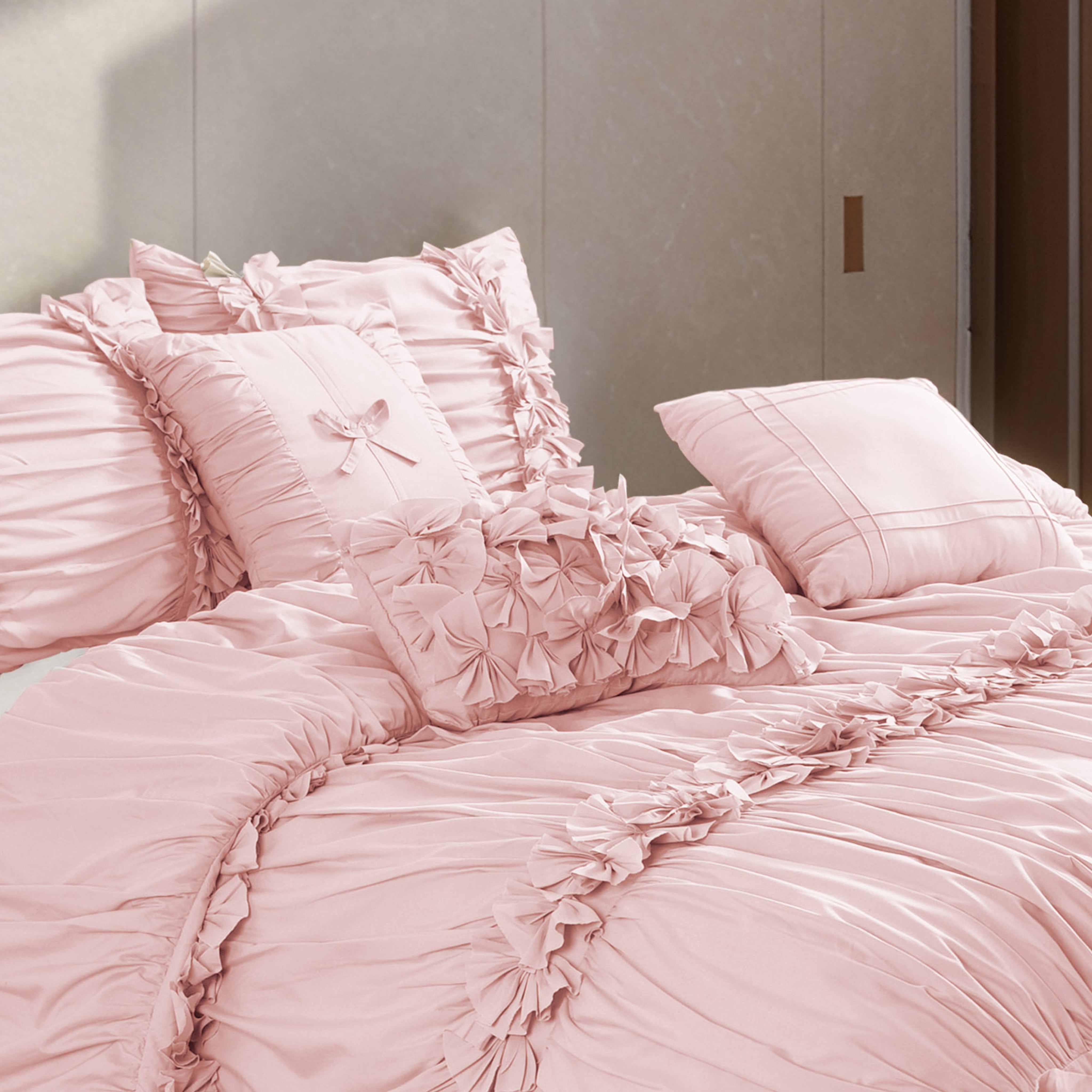 EvJk 7 Piece Ruched Pleat Comforter Set, Pinch Pink Romantic Bed in a Bag, King