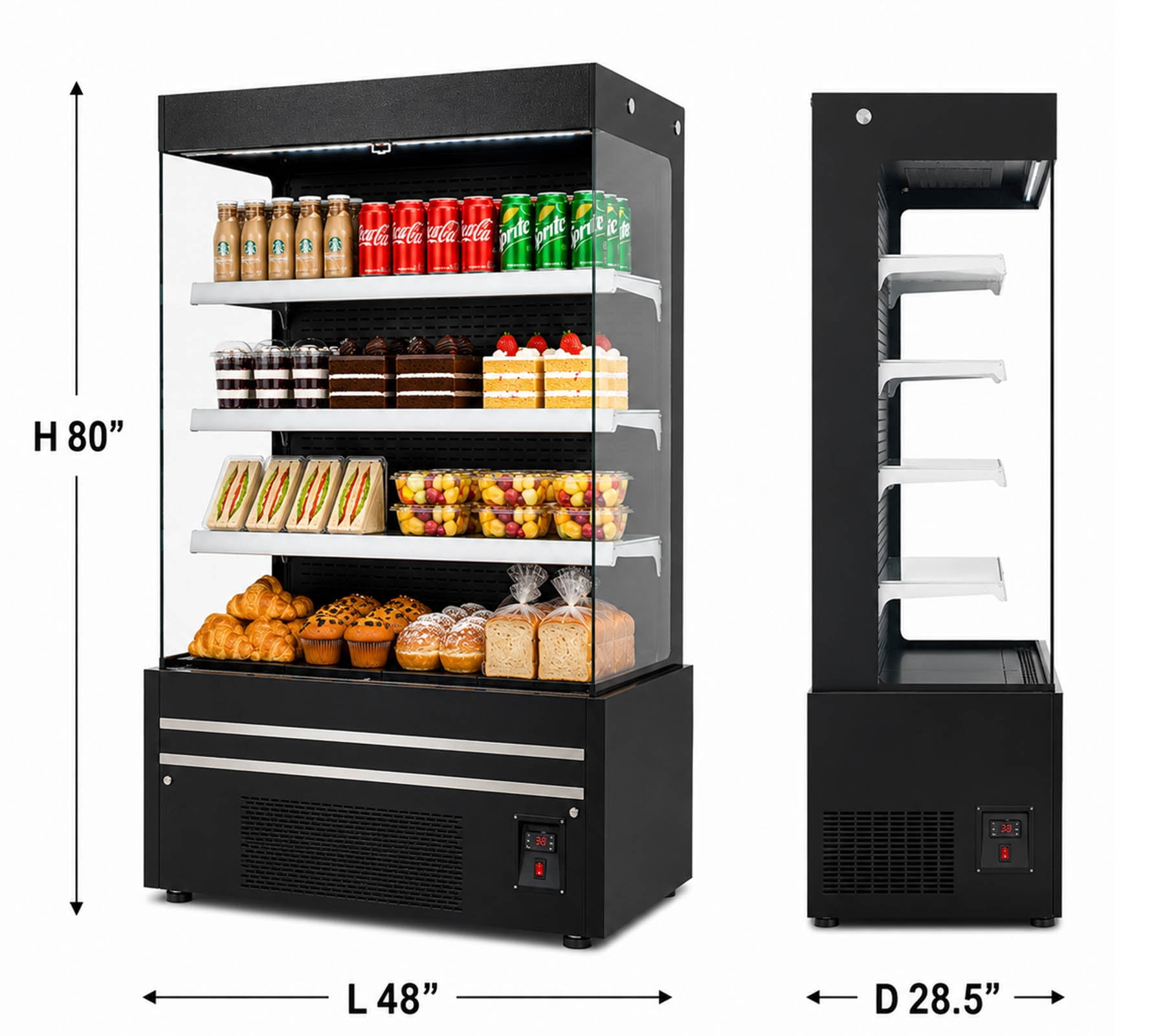 48 in W 27 Cu. ft. Commercial Open Air Display Refrigerator Merchandiser, 4 Shelf Refrigerated Grab and Go Display Case, Black