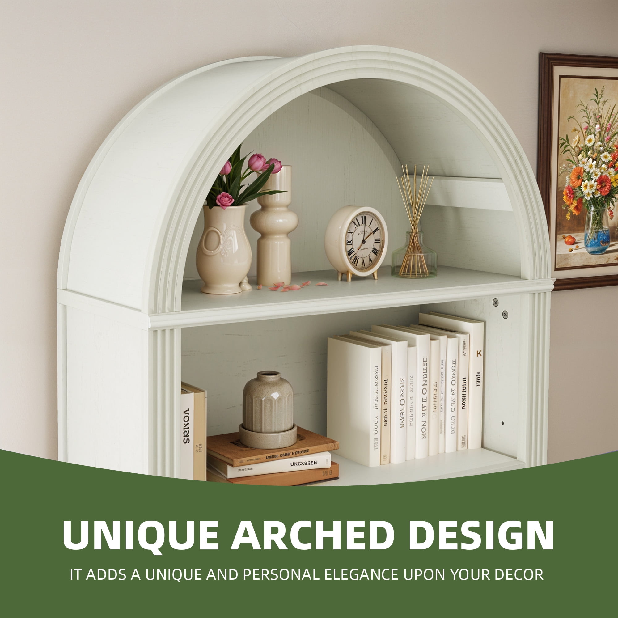Uforic 5 Tiers Arched Bookshelf, 68.5" Tall Modern Bookcase Display Storage Rack Wooden Bookshelves, White