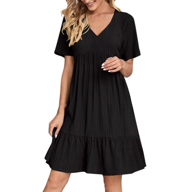 WTXUE Plus Robes Taille, Robe Trapèze à Manches Courtes Vestidos Casuales Para Mujer à Col en V, Robe d'Été Fluide Décontractée Moulante à Volants Robes Unies Mi-Longues Fluides Grande Taille pour Femme, Noir Taille M