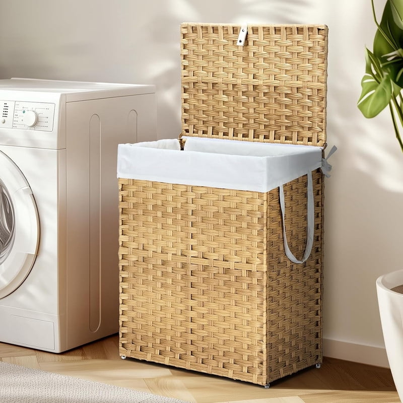 Simenmax 90L Foldable Laundry Hamper with Lid, Woven Laundry Basket with Removable Washable Liner, Rattan Clothes Hamper Sturdy Steel Frame Rattan Basket, Yellow