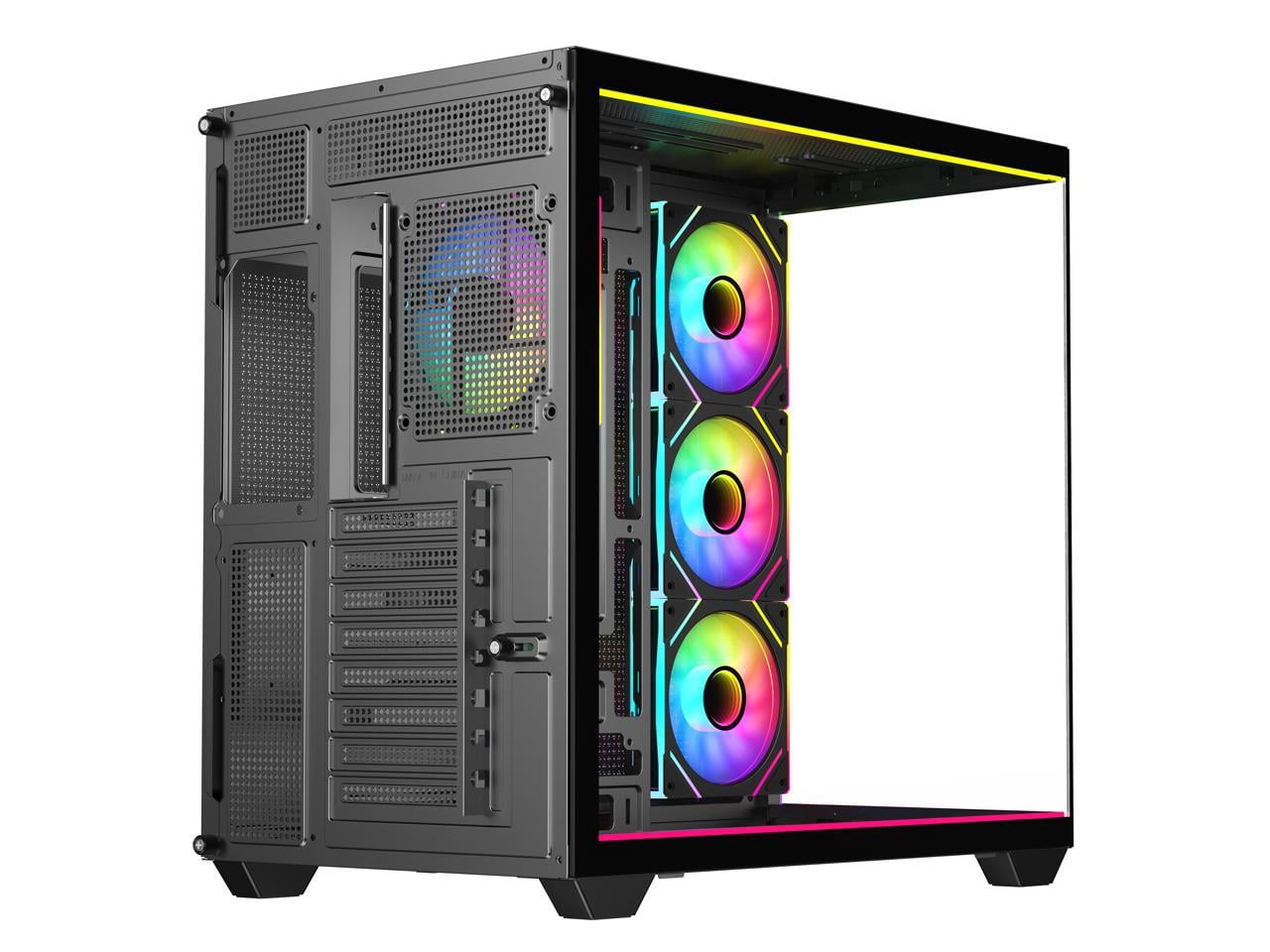 DIYPC IDX3-ATX-ARGB Black Dual USB3.0/ Type C Tempered Glass ATX Gaming Computer Case w/ Dual Tempered Glass Panel and 4 x ARGB PWM Fans (Pre-Installed). Integrated ARGB Light Strip.