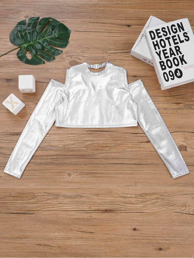 TiaoBug Kids Girls Shiny Metallic Crop Top Long Sleeve Off