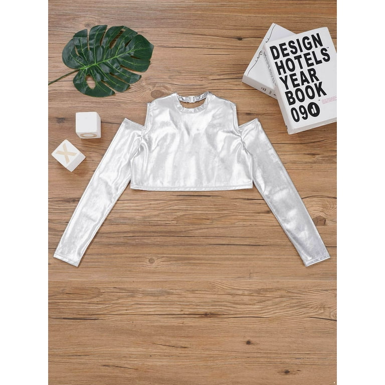 TiaoBug Kids Girls Shiny Metallic Crop Top Long Sleeve Off