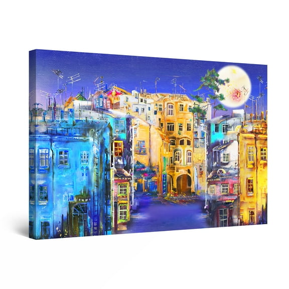 Startonight Canvas Wall Art Abstract - Happy Colors Urban Landscape and Moon Painting - Large Artwork Print for Living Room 32" x 48"