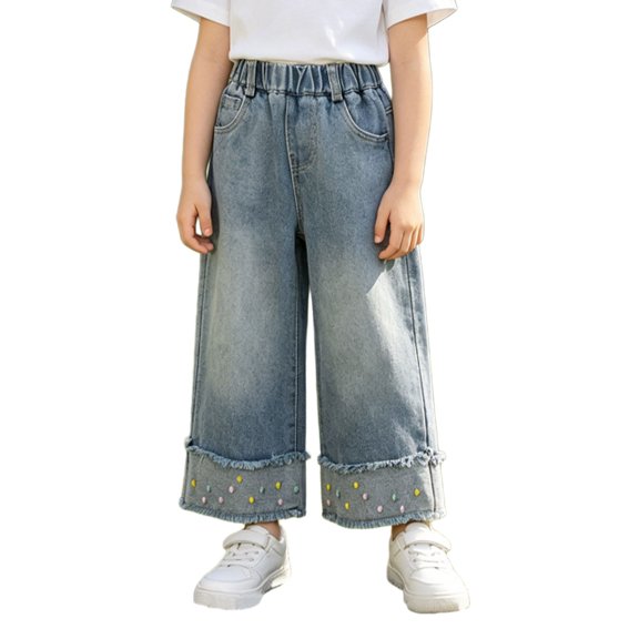 EnJoCho Girls Jeans Wide Leg Elastic High Waist Loose Fit Pocketed Denim Trousers Classic Bottoms For Kids Spring Autumn Back-to-School Daily Fashion Casual Wear