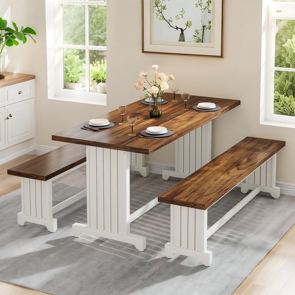 Fnova 47.24" Modern Dining Table Set for 4 with 2 Benches, 3-Piece Dining Room Set, Wood Tabletop, Metal Frame, Brown