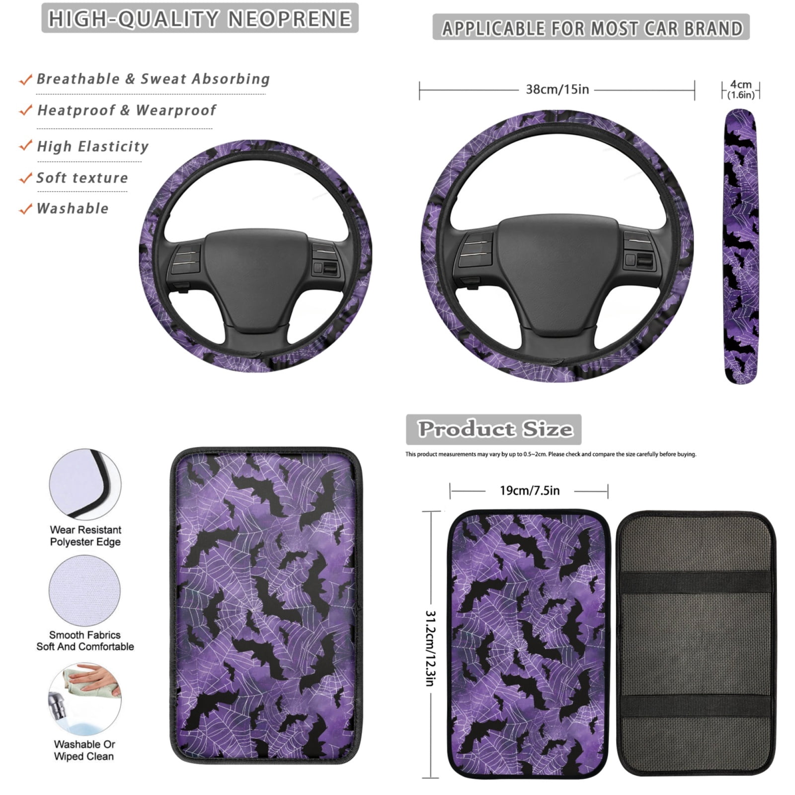 Yuyamidu Bat Car Seat Covers Full Set Purple Cobweb Steering Wheel Cover Safe Belt Pads Center Console Cover Lip Balm Pouch Coasters Keychain, Auto Interior Accessories Set of 13