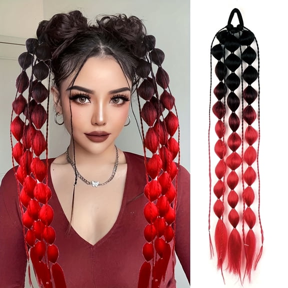 1PCS Y2K Fashion Bubble Braided Synthetic Ponytail Extension - Elastic Scrunchie Hairpiece, Versatile Style for Women, Suitable for All Occasions-24inchBlack Red