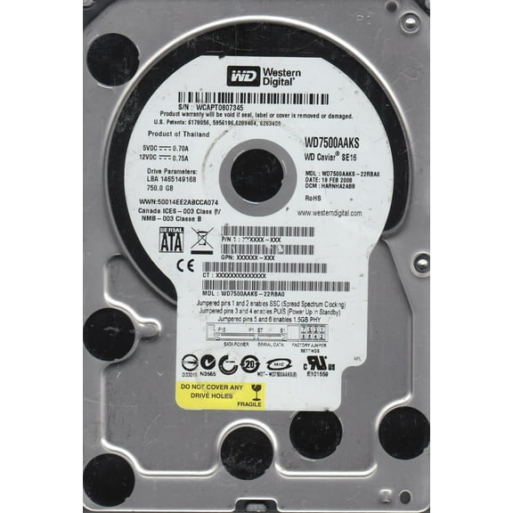 WD7500AAKS-22RBA0, DCM HARNHA2ABB, Western Digital 750GB SATA 3.5 Hard Drive