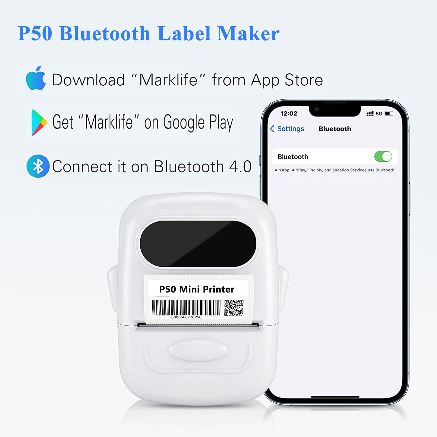 Mini Bluetooth Printer Compatible with Android and iOS Phone Bill Labeling Office Cable Retail Tag Barcode P50 Maker Machine