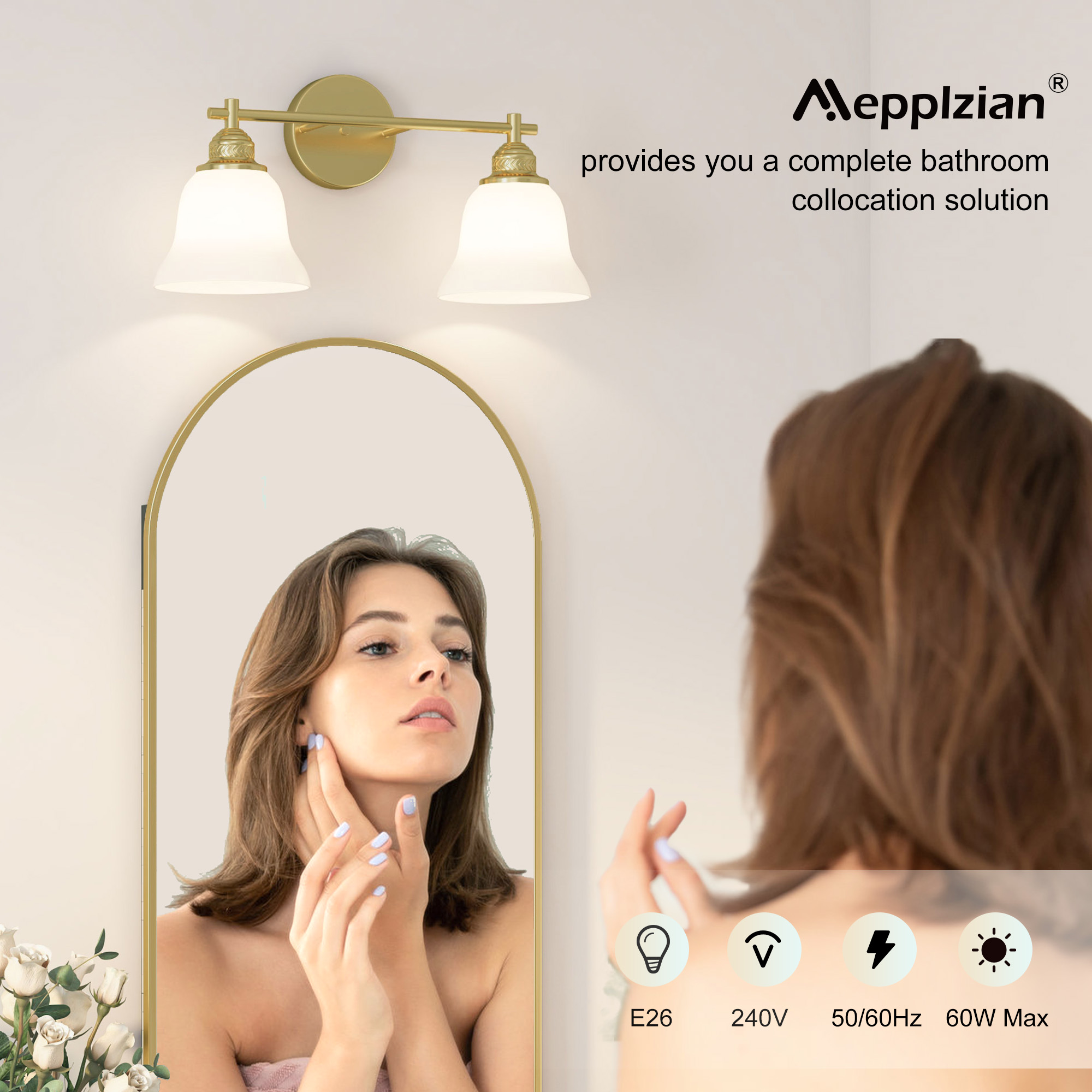 Hironpal 2-Light Bathroom Light Fixtures, Bathroom Vanity Light with White Glass Shade over Mirror Cabinet,Brushed Brass