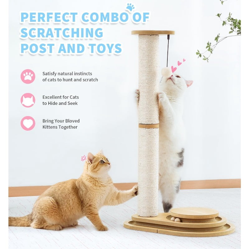 Made4Pets 32" Tall Cat Scratching Post with Sisal Scratcher, 2-Tier Ball Track & Hanging Toys, Multi-Level Cat Activity Center with Sturdy Wooden Base for Indoor Cats & Kittens