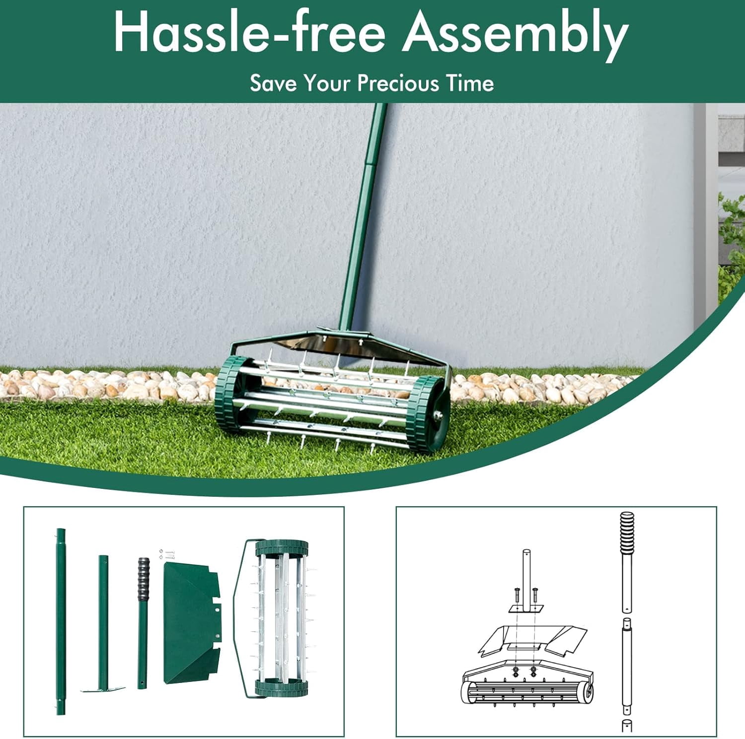 Manual Lawn Aerator, Aerator Tool with Anti-Slip Handle and Tine Spikes, Easy Assembly, Grass for Lawn, Yard, Garden (with Fender)