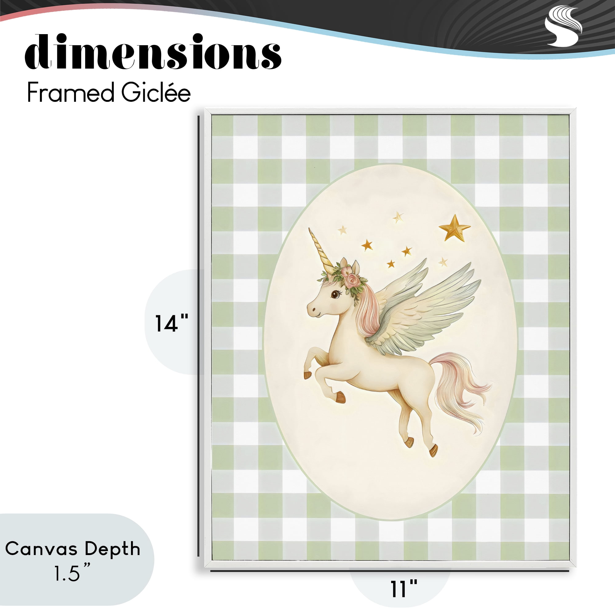 Stupell Industries Winged Unicorn over Green Gingham White Framed Giclee Art, design by Arlington Prints