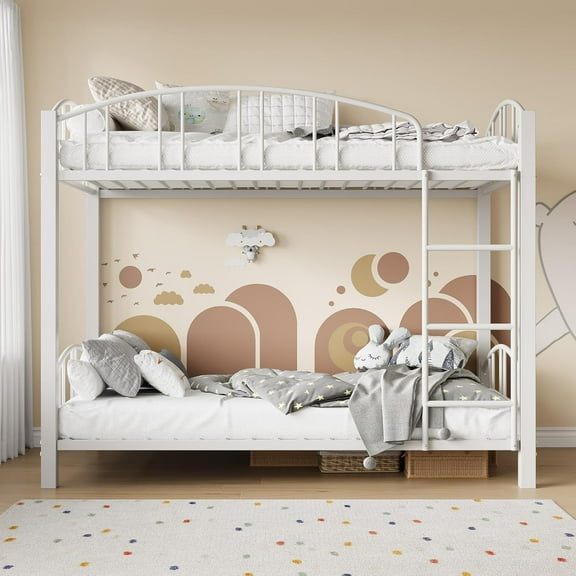 Senfot Metal Bunk Bed Twin Over Twin, Heavy Duty Bunkbeds Frame with Safety Ladder and Arched Guardrail, Sturdy Steel Bed, Space-Saving, No Box Spring Needed,White