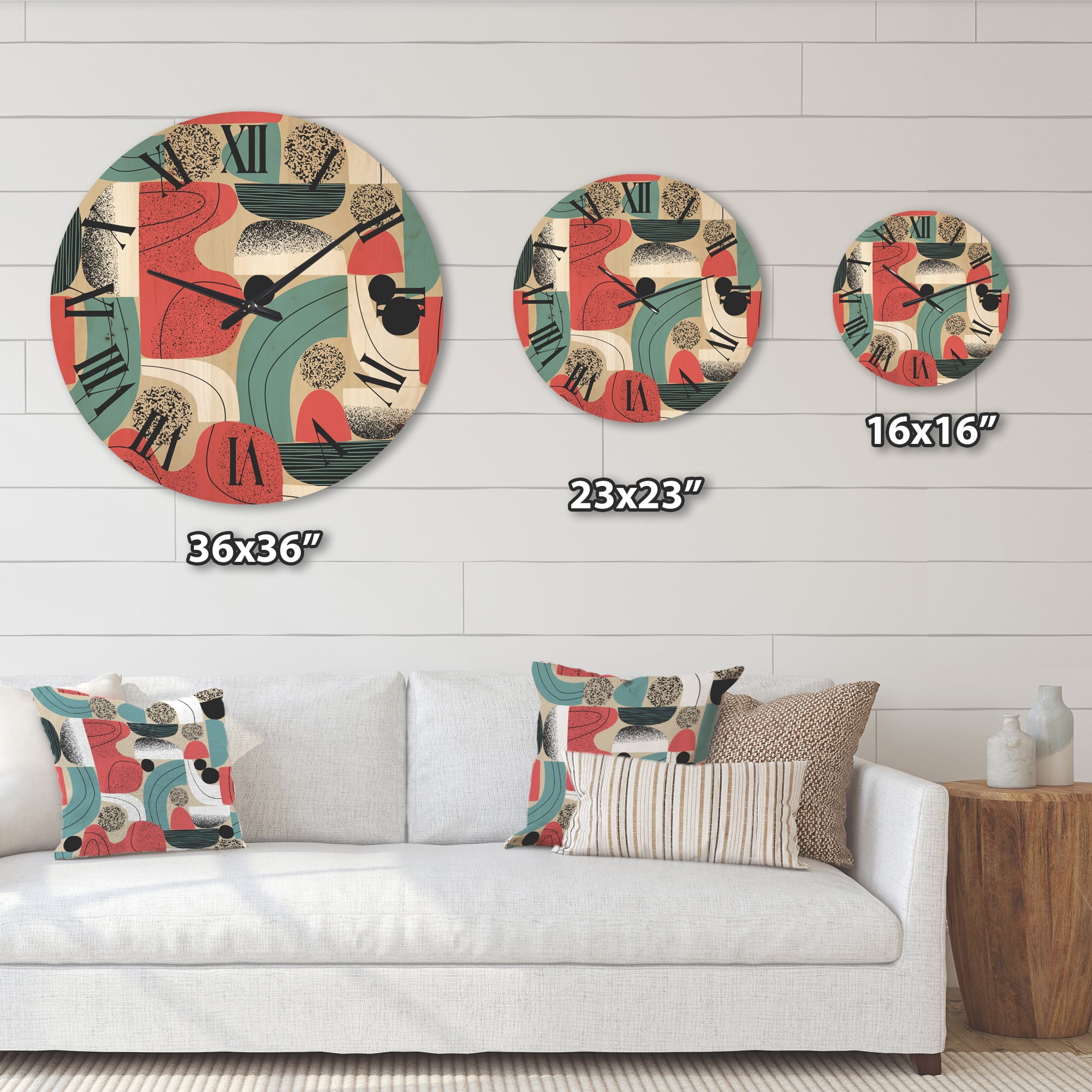 Designart 'Retro Shapes With Abstract Moons and Suns III' Modern Wood Wall Clock