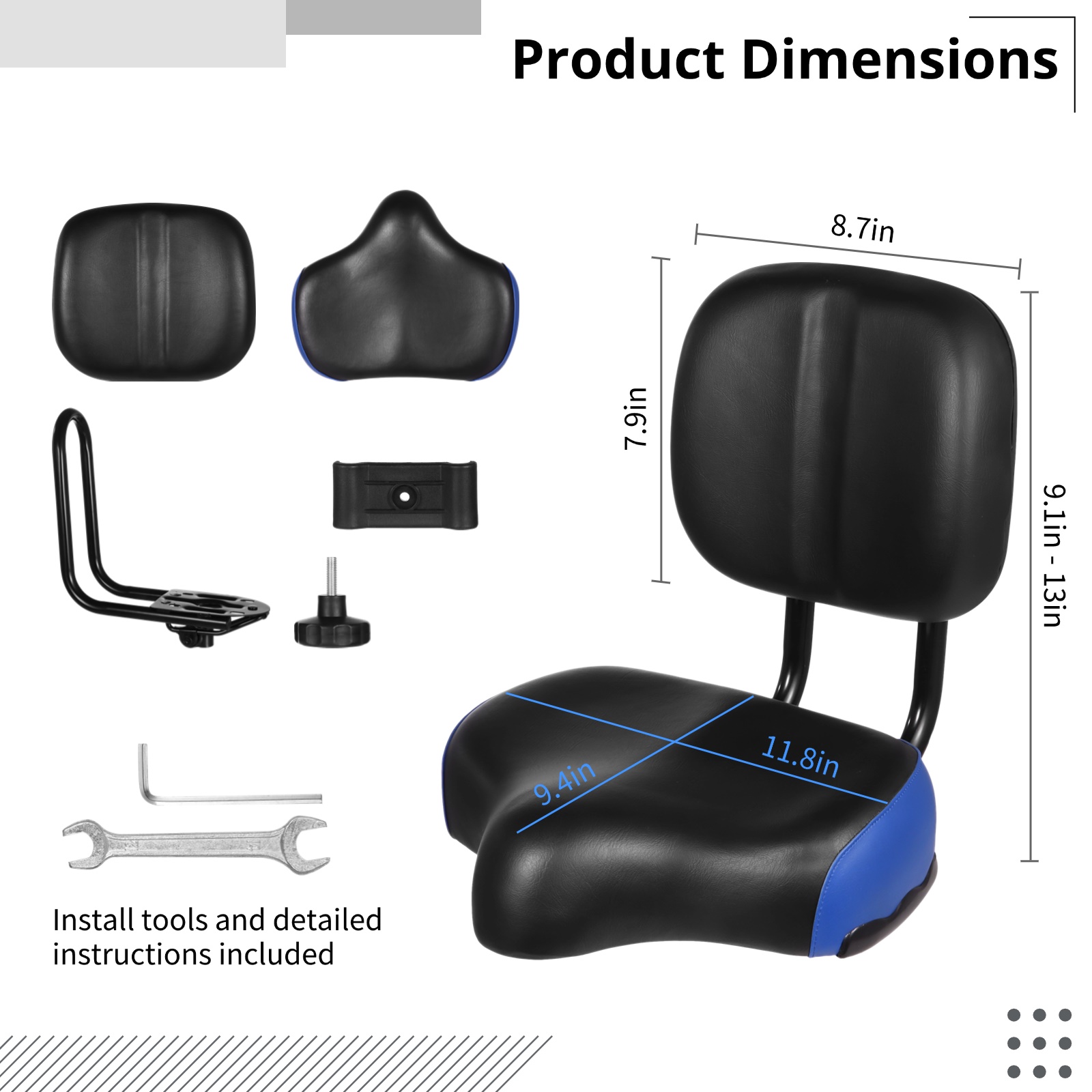 Bike Seat with Backrest, Oversized Bicycle Saddle with Back Support, Wide Bike Padded PU Cushion Saddle, Universal Saddle Replacement for Tricycle, Height Adjustable