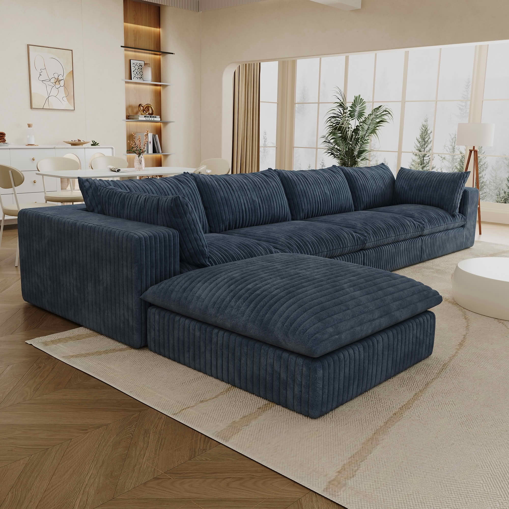 MAYEERTY 157.6" Cloud Corduroy Sofa, Deep Seat Double-Layer Design, Removable Cushion No Assembly, DIY Combination, Blue