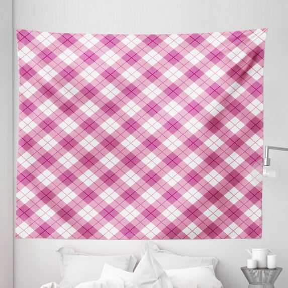 Geometric Tapestry, Geometric Diagonal in Pastel Color Girls Style Checked Design, Fabric Wall Hanging Decor for Bedroom Living Room Dorm, 5 Sizes, Fuchsia Pale Pink White, by Ambesonne