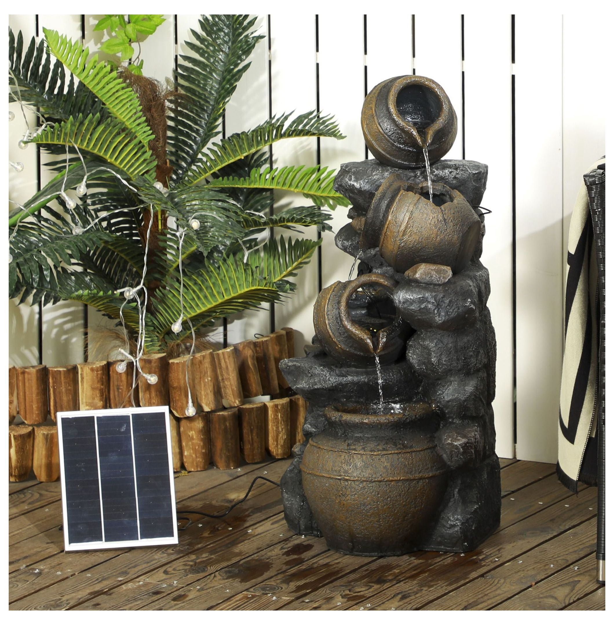 Solar Water Fountain 28.3" 4-Tier Outdoor Fountain with LED Lights, Resin Cascading Garden Decor