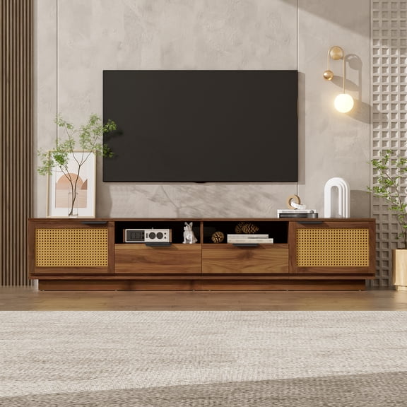 TV Stand for TVs up to 85 Inch, Rattan Media Console with 2 Drawers & Open Shelves, Entertainment Center with Storage Cabinets for Living Room