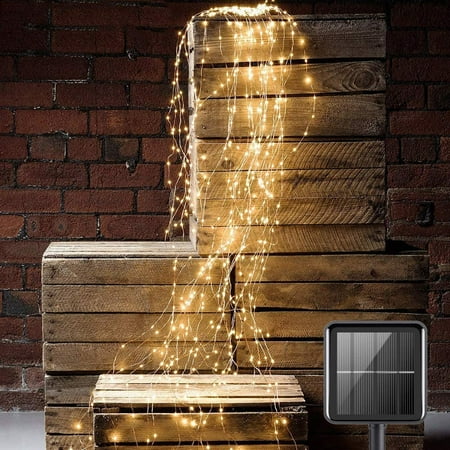 Morttic Solar Waterfall String Lights 10 Strands 100 LED Copper Wire Christmas Tree Lights Waterproof Starry Fairy Lights for Garden Wedding Party Holiday Decor，Warm White