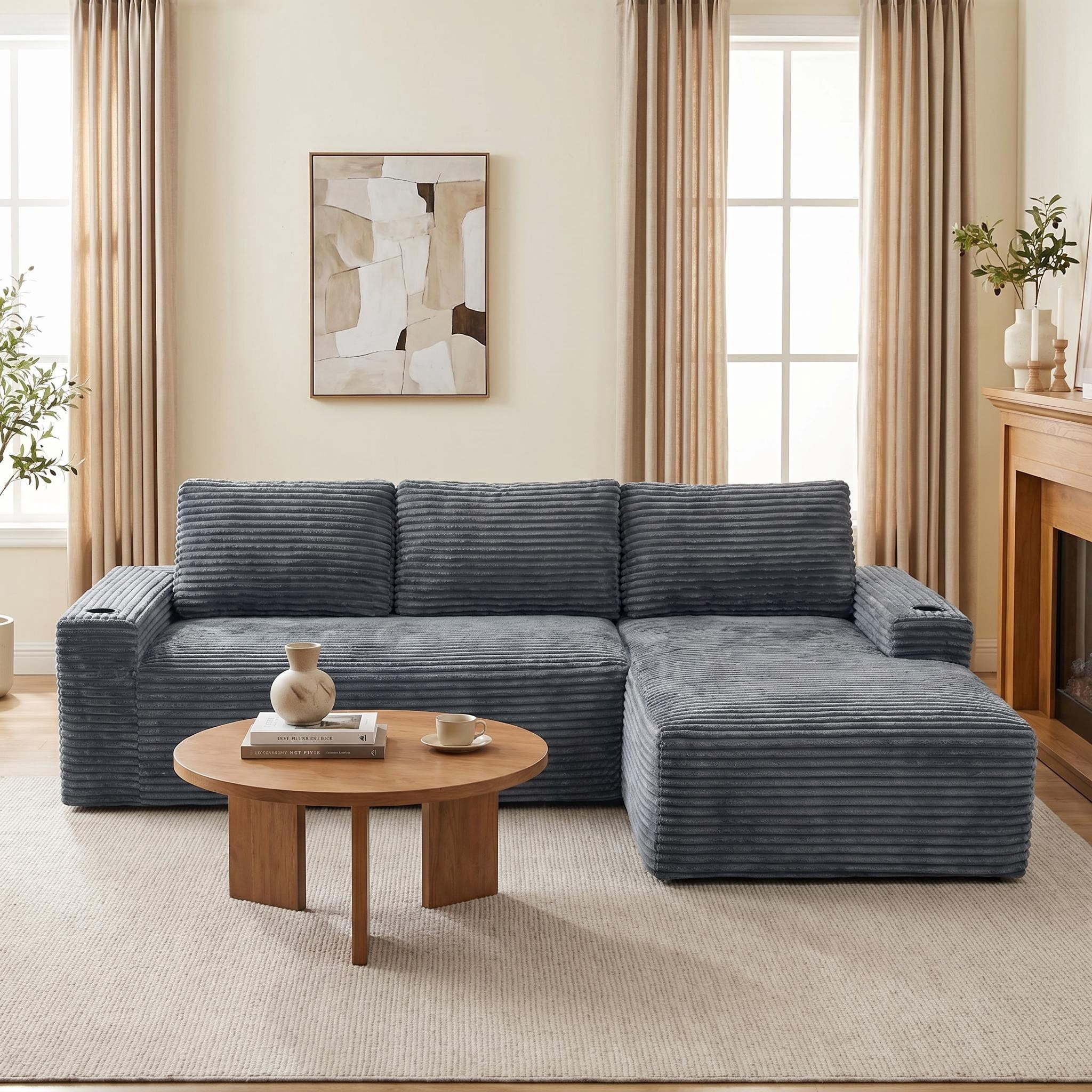 AISWORD 104.3" L-Shaped Modular Sectional Sofa, Corduroy 4-Seater Cloud Couch with Cup Holders & Side Pockets, Boneless Upholstered Sofa, No Assembly, Gray, Right-Facing Chaise
