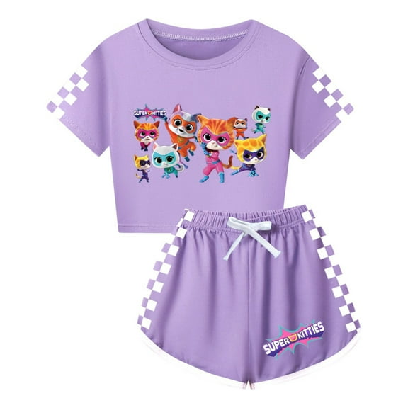 Girls Casual Summer T-Shirt Outfit Set– SuperKitties Cropped Top and Shorts – Kids Character Clothing