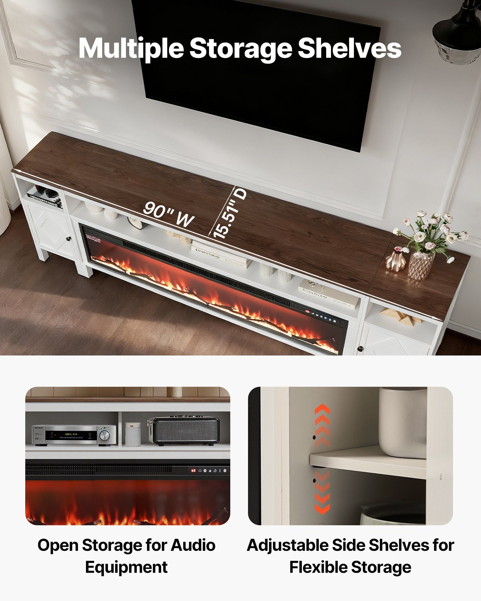 White Farmhouse Entertainment Center with 60" Fireplace & Drawers, TV Stand for TVs up to 100 Inches, Remote Controlled Electric Fireplace TV Cabinet