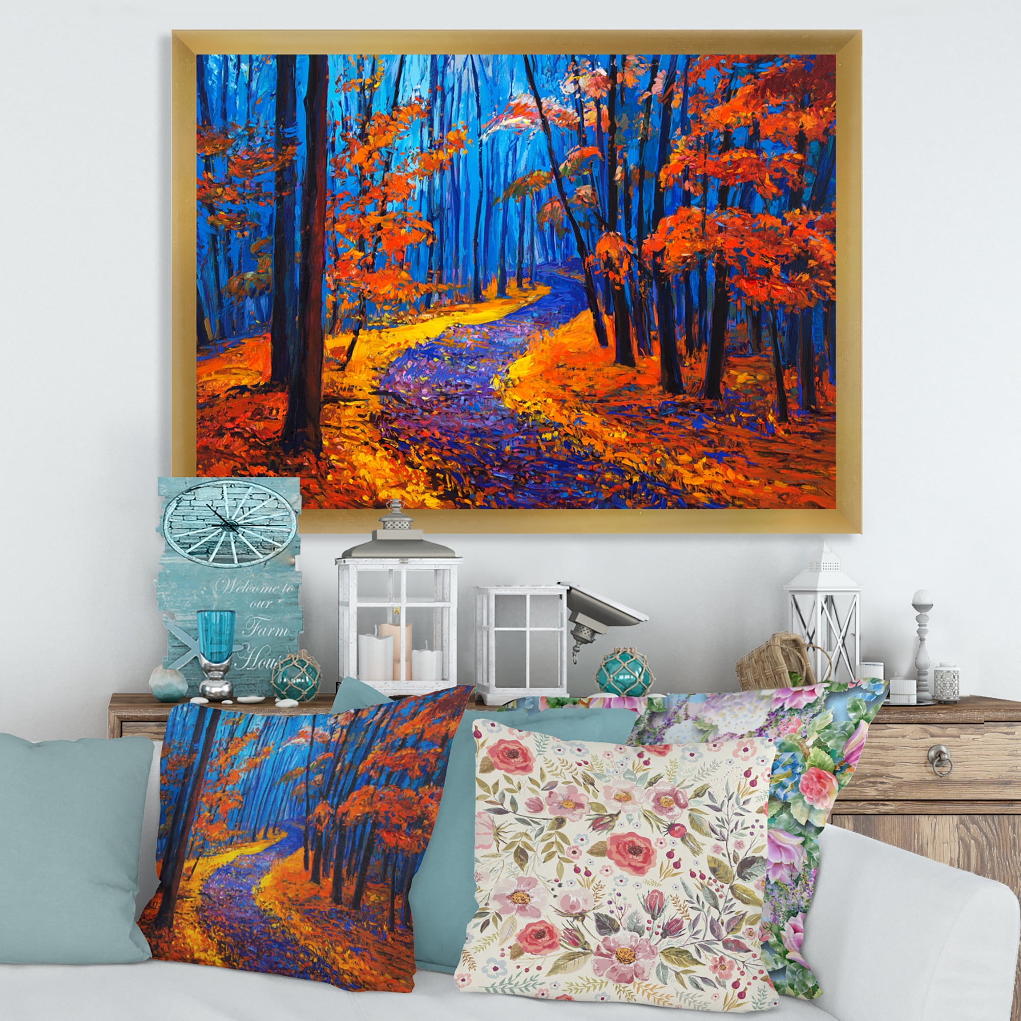 Designart 'Orange Autumn Landscape With Little Road I' Traditional Framed Art Print