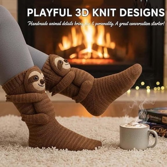3D Knit Sloth Hug Crew Socks, Thick Warm Hand Knit Animal Socks for Fall Winter, Novelty Funny Christmas Stocking Stuffer Gifts Unisex for Men Women