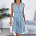 thumbnail image 7 of VSSSJ Women's Cross V Neck Sleeveless Tunic Mini Pleated Dresses Solid Color Belted Slim Elegant A-Line Swing Summer Short Dress Blue L, 7 of 7