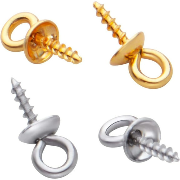 60pcs Stainless Steel Cup Pearl Bail Pin Peg Pendants Charms Screw Eye Pin Bails Caps for Half Drilled Beads Jewelry Crafts Making, 4mm×10mm, Gold and Silver