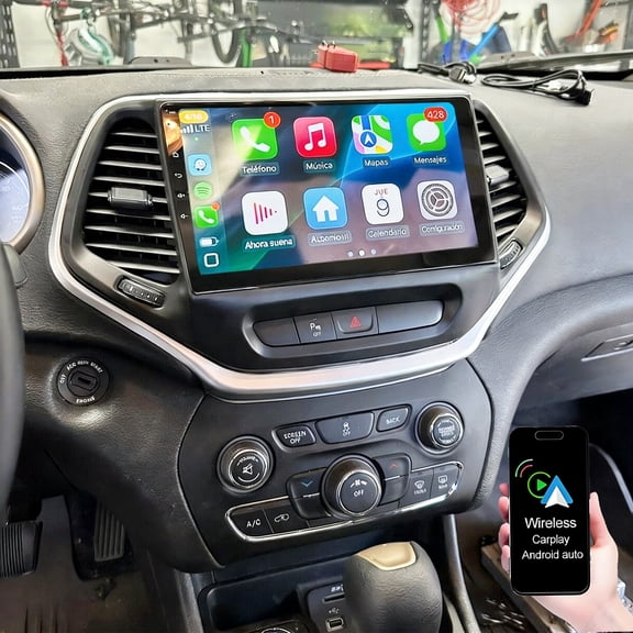 Geabo Android 13 Double Din Car Stereo for Jeep Cherokee 2015-2018 with Wireless CarPlay & Android Auto, 10 Inch Touchscreen Car Radio Receiver Support GPS Navi WiFi Bluetooth SWC FM Backup Camera