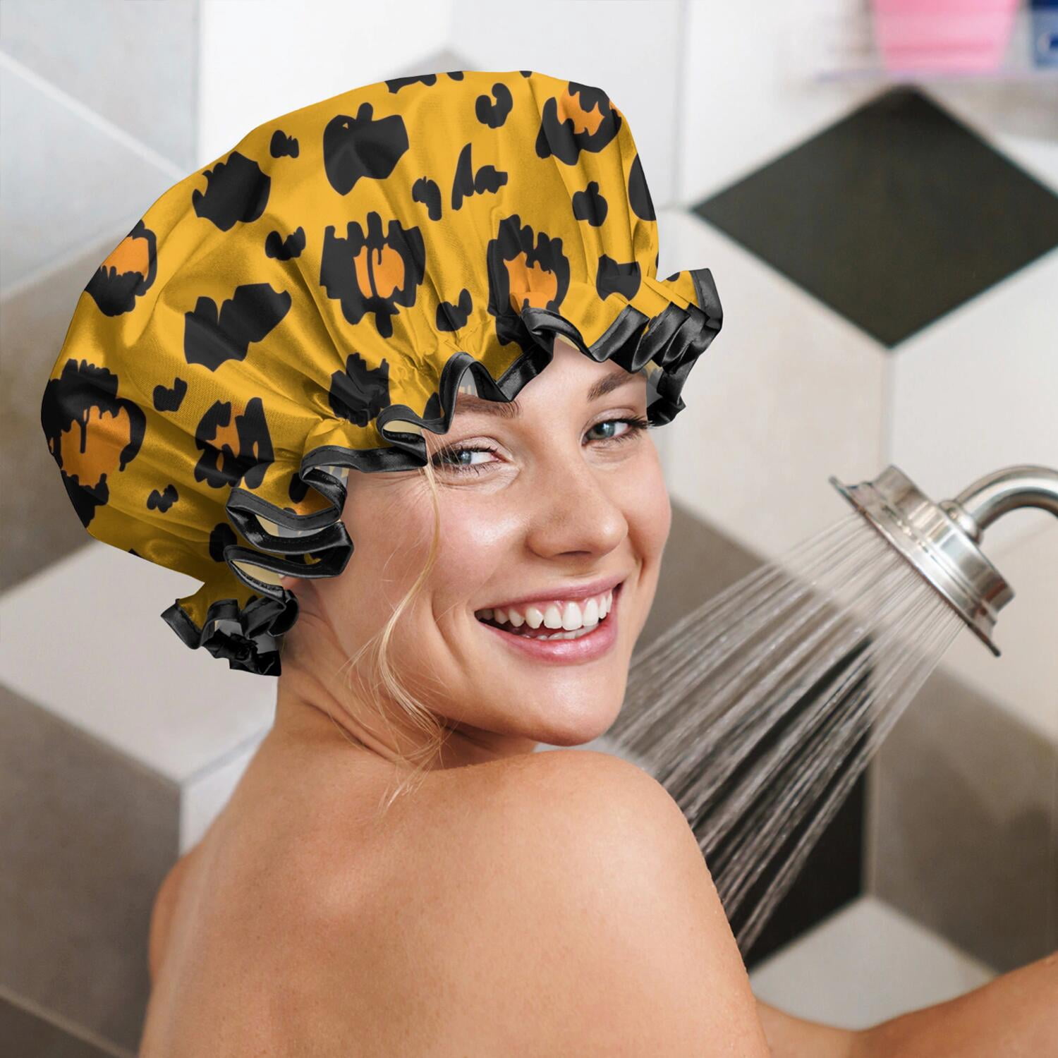 Shower Caps,Yellow and Black Of Leopard Print Waterproof Shower Cap for Women 4 Pieces,Double Reusable Hair Cover for Shower PEVA Elastic Stretch Hem