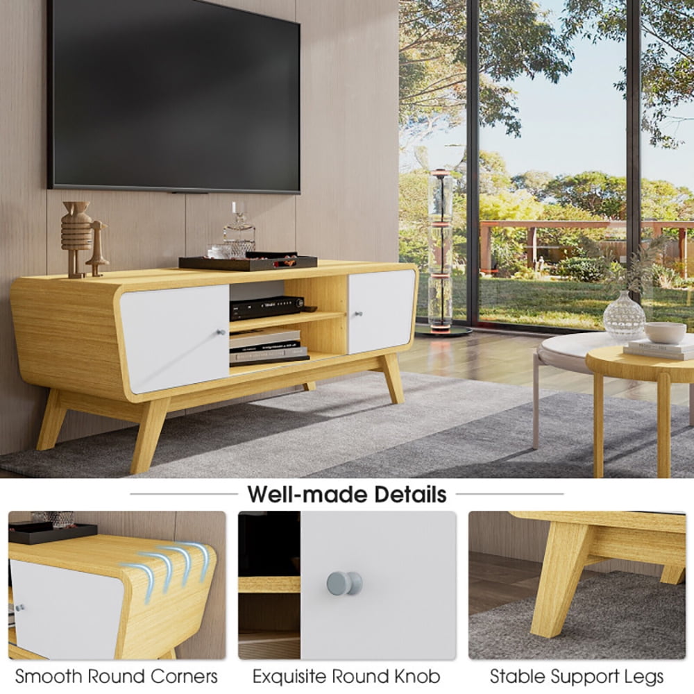 Finihen TV Stand, TV Cabinet, Sliding Door TV Stand with Adjustable Shelf for TVs up to 55 Inch, for Living Room, Bedroom, Natural