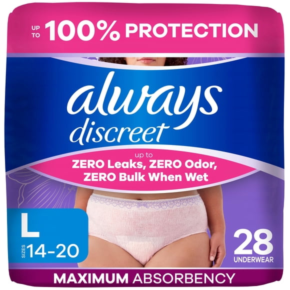 Always Discreet, Reimagined Adult Diapers for Women, Maximum Incontinence and Postpartum Underwear L, 28 Count