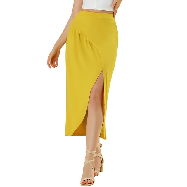 Unique Bargains Jupe Longue Décontractée pour Femmes Taille Élastique Fendue Asymétrique