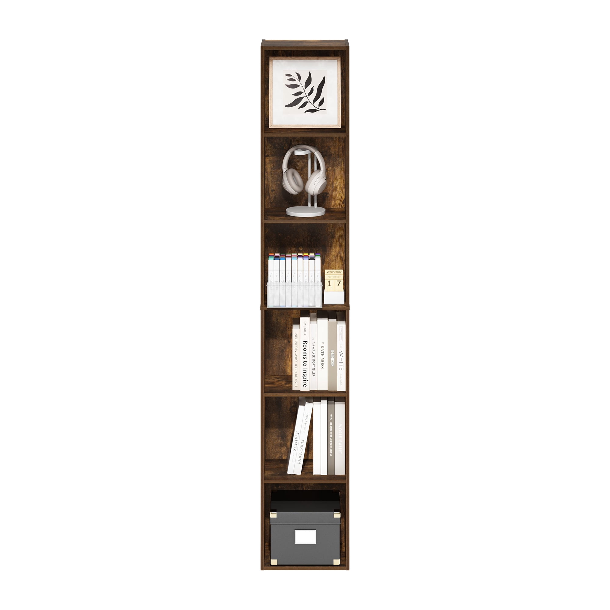 Furinno PASIR Book Shelf, 6-Tier Bookcase, Bookshelf, Open Storage Shelf, 9.4 x 12 x 71 Inches, for Home Office, Living Room, Amber Oak