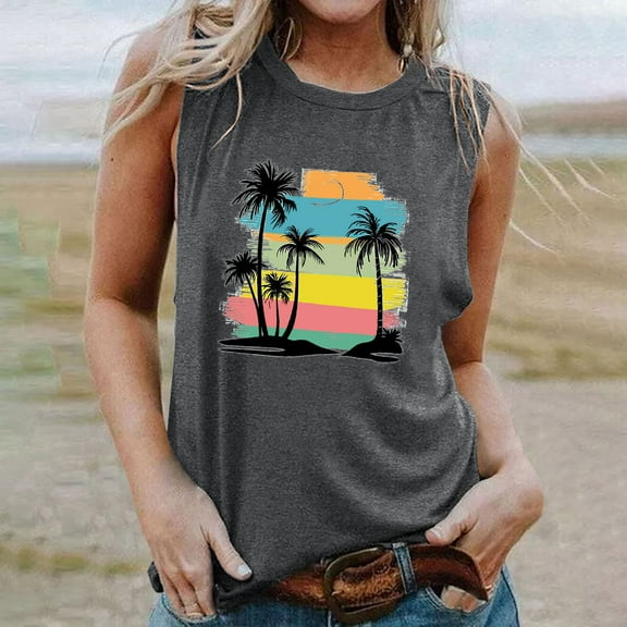 Titcea Womens Tank Tops Palm Tree Printed Round Neck Sleeveless Graphic Tees Beach Holiday Travel Workout Tank Tops