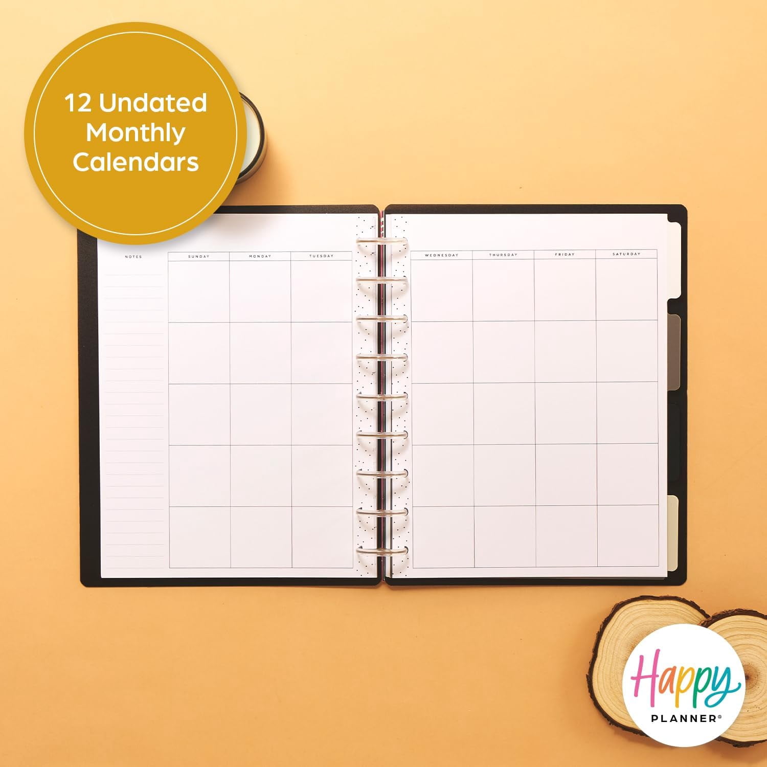 The Happy Planner Undated Plans + Notes Monthly Planner – Big (8.5″ × 11″) – Modern Texture Cover, 12-Month Undated Calendar + Lined Notes
