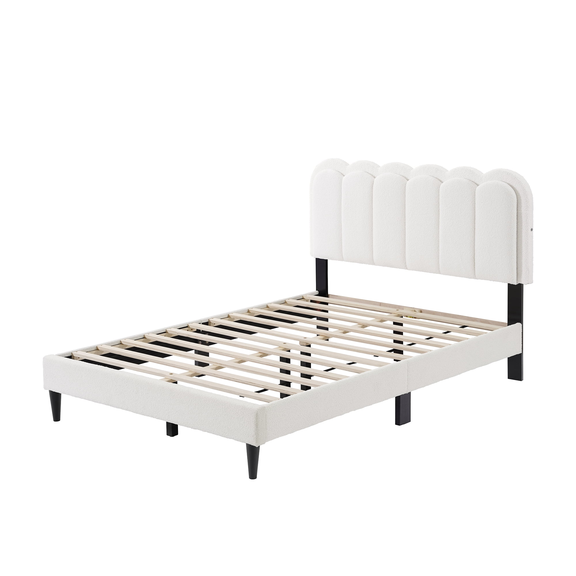 Mintazer Full Size Upholstered Platform Bed Frame with Scalloped Tufted Headboard and LED Light, Boucle Bed for Bedroom, No Box Spring Needed, White