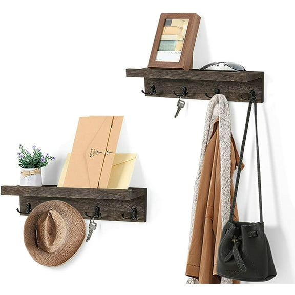 Set of 2 Coat Rack w/ Shelf 4 Dual Hooks Flotating Dispaly Wall Rack Entryway
