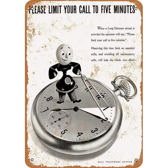1943 Bell Telephone Limit Calls to 5 Minutes Metal Sign Vintage Sign for Home and Bar Wall Decor 16" x 12"