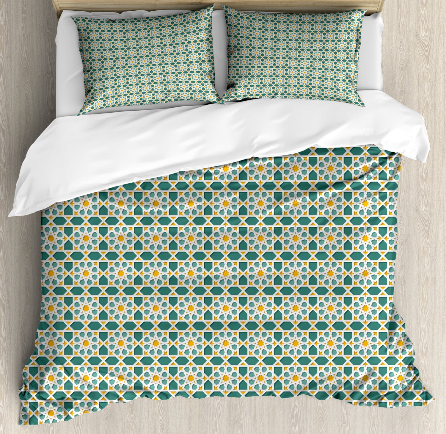 Teal Duvet Cover Set Moroccan Interlacing Star Pattern Ethnic