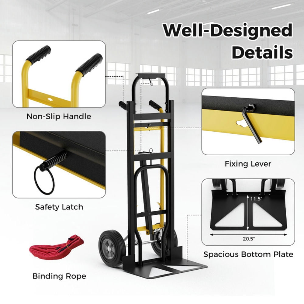 Resenkos 3-in-1 Convertible Hand Truck Metal Dolly Cart with 4 Rubber Wheels for Transport-Black