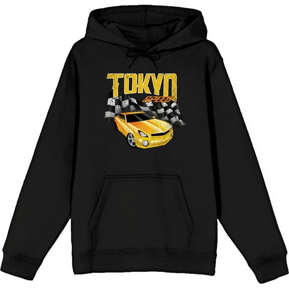 Car Fanatic - Tokyo Speed Racing Flag and Yellow Car Adult Black Long Sleeve Hoodie-Medium