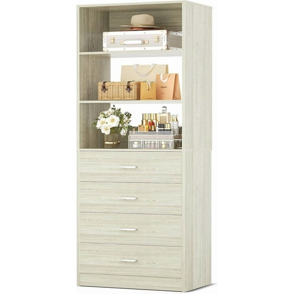 Aheaplus Closet Drawers Organizer System, 21.3" Wood Closet System with 4 Drawers, Modular Walk-in Closets Storage Unit, Tall Bookshelf Storage Cabinet, White Oak