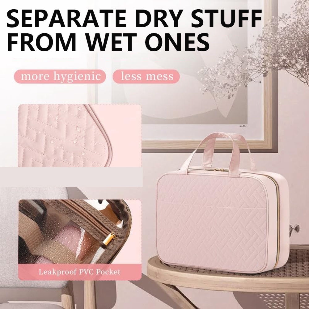 SEHYRTTI Travel Toiletry Bag for Women, Makeup Bag Large Capacity with 4 Layers, Foldable Hanging Organizer,Compact & Leak-Proof Pink Design, Gift for Women